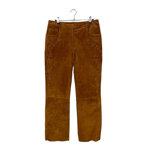 NWT August Silk Logic Caramel Genuine Suede Floral Embroidered Pants 6 - Picture 1 of 5